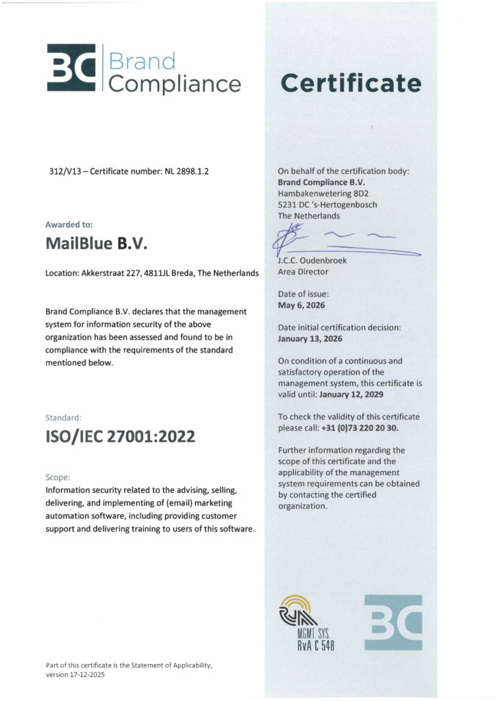Screenshot certificering MailBlue B.V. - ISO 27001 - Engels - new address